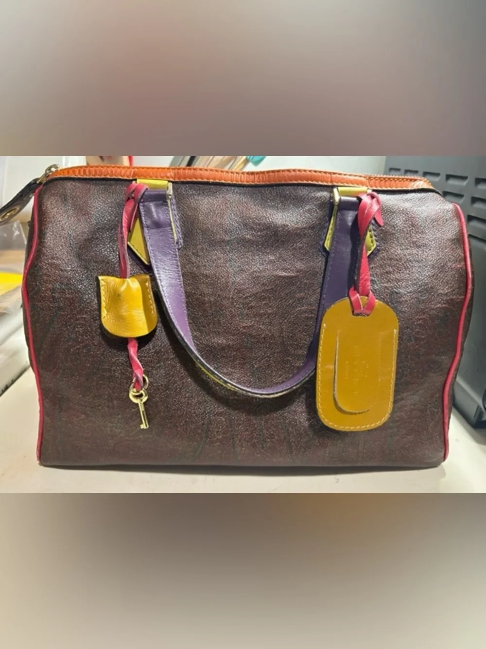 ETRO Paisley Multicolor Colorblock Boston Speedy Bag w/ Lock & Key + Luggage Tag - Picture 7 of 16